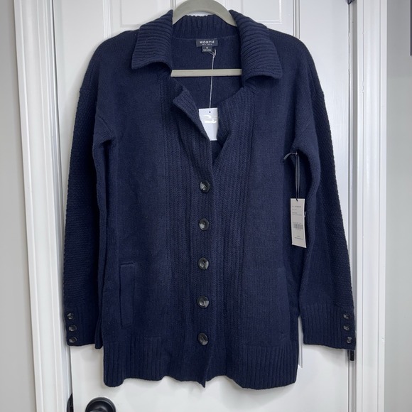 Worth New York Sweaters - Worth New York Wool Cashmere Cardigan Sweater Navy Blue Medium Button Front NWT